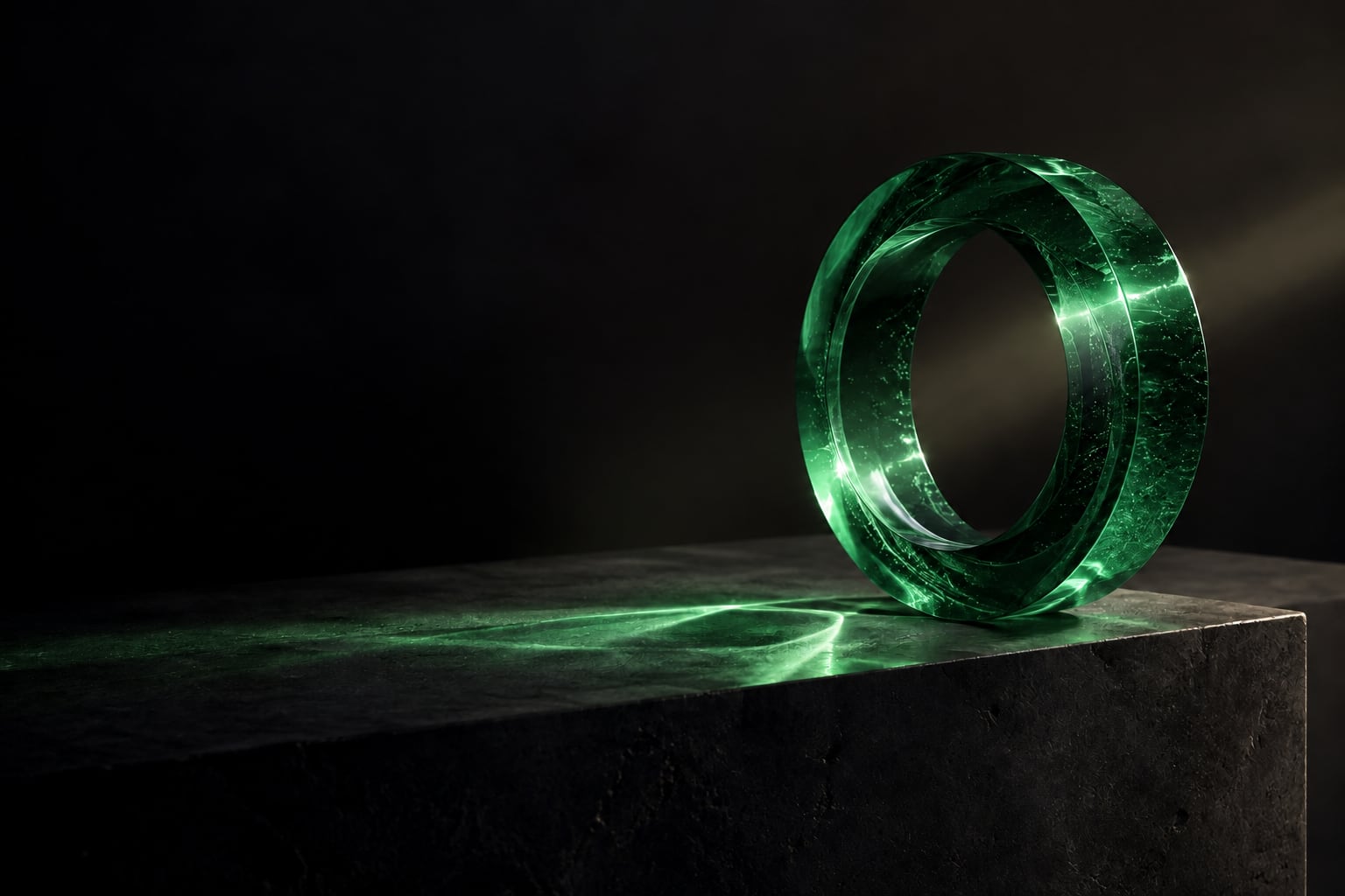 Green glass ring refracting light on a stone plinth